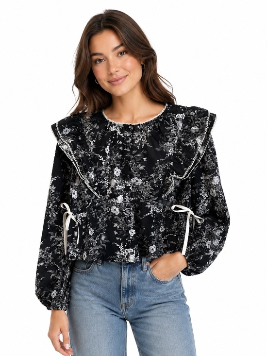 Listicle Tops - Listicle Women's Black Floral Print Babydoll Blouse Size L NWT Ruffle Coquette